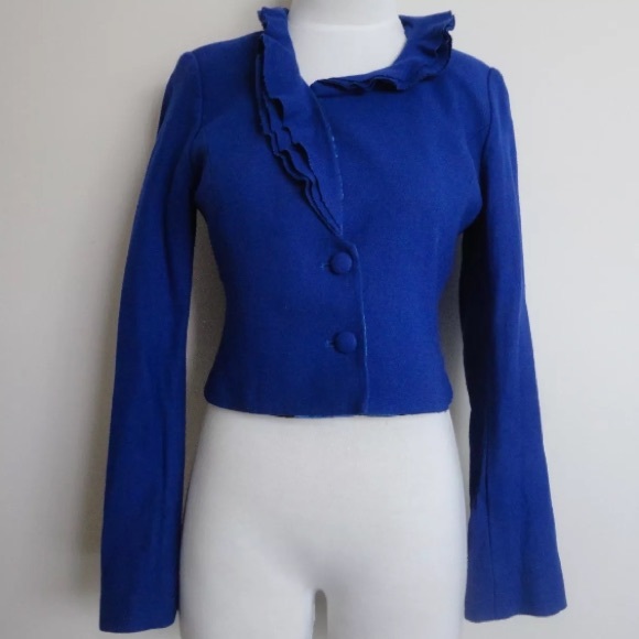 RONI Ruffle Cropped Wool Cardigan Sweater Blazer S - Picture 2 of 8